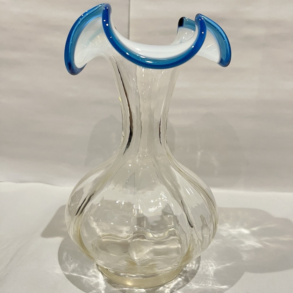 VTG Fenton Aqua Crest #192 Tall Ruffled Vase 8.75" Blue Rim Opalescent Glass